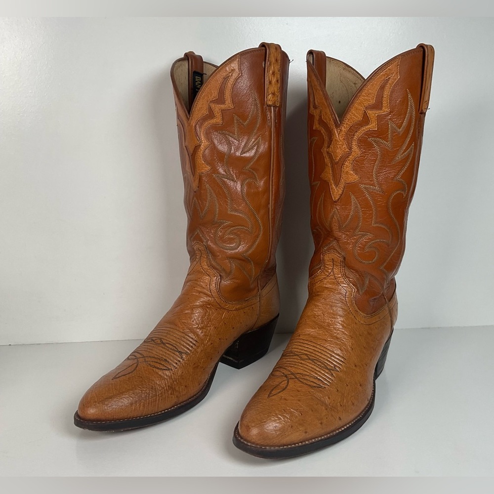 Vintage Dan Post Smooth Ostrich Cowboy Boots | Exotic | Tooled Overlay | 10.5 D